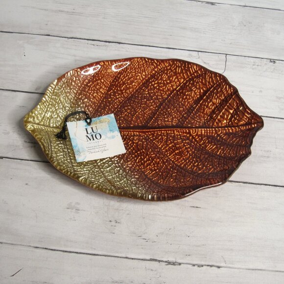 LU MO Hand Crafted Turkish Glass Autumn Leaf Serving Platter Copper Brown Gold - Picture 1 of 5